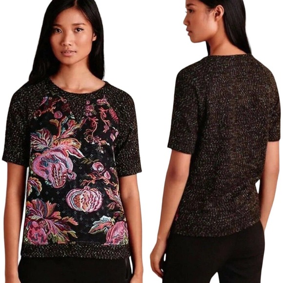 Anthropologie James Coviello Womens Brocade Floral Sweater Top Size XS Black - Picture 1 of 7